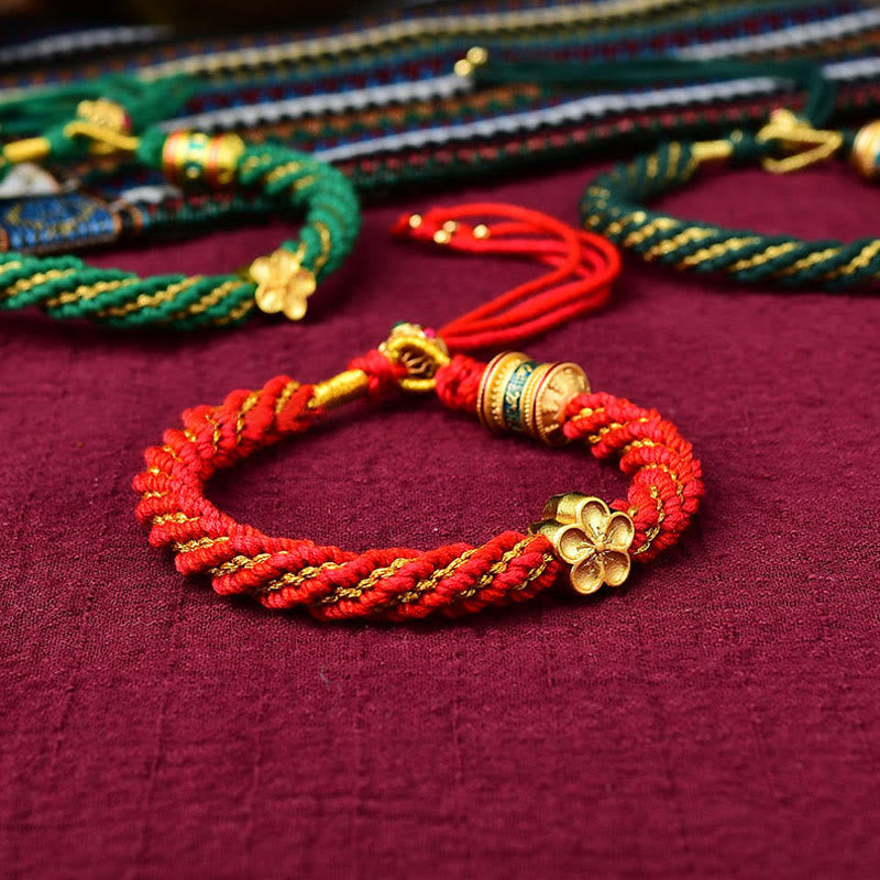 Buddha Stones Tybet Ręcznie Robione Pięć Bogów Bogactwa Szczęścia Thangka Amulet Koło Modlitewne Kwiatowy Urok Bransoletka Z Tkanego Sznurka