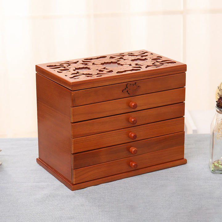 Buddha Stones Duża pojemność Vintage Kwiaty Rzeźbione Drewniane Pudełko na Biżuterię Sześciowarstwowe Pudełko do Przechowywania Biżuterii - image 9