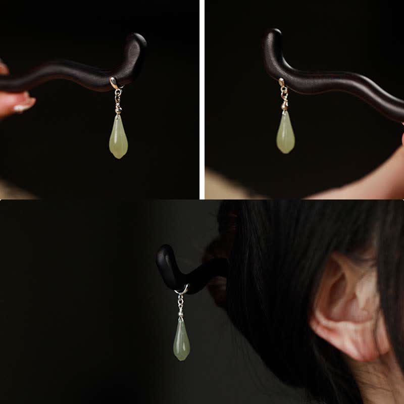 Buddha Stones 925 Srebro Sterling Naturalny Hetian Jade Drewno Hebanowe Talizman Szczęścia Spinka Do Włosów