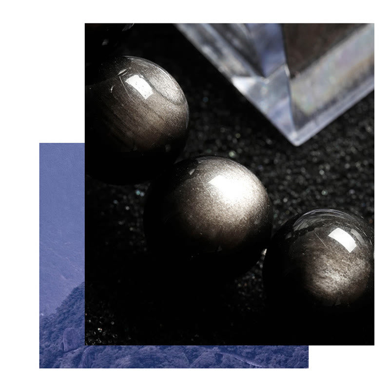 Bransoletka ochronna z naturalnego obsydianu i Buddha Stones w kolorze srebra