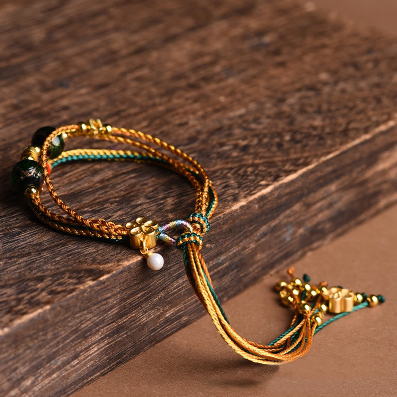 Buddha Stones Tybetańskie Ręcznie Robione Liny Liuli Szklane Koraliki Pleciona Wielowarstwowa Bransoletka Uzdrawiająca