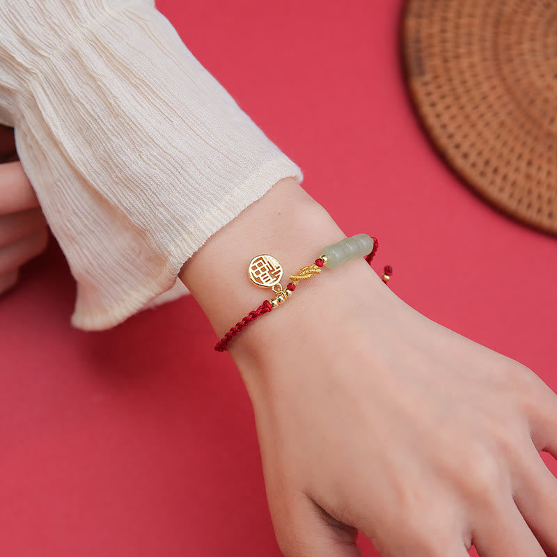 Buddha Stones ręcznie robione koraliki z jadeitu Fu Character Charm bransoletka z czerwoną liną