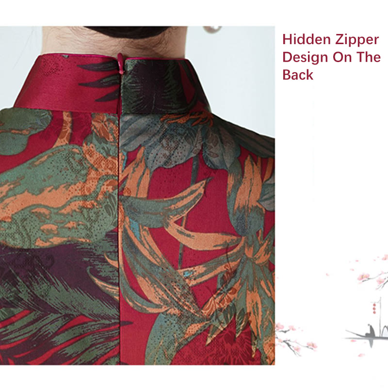 Suknia Qipao z Buddha Stones z jedwabiu w stylu retro z wzorem liści kwiatów i kwiatów, damska sukienka Cheongsam