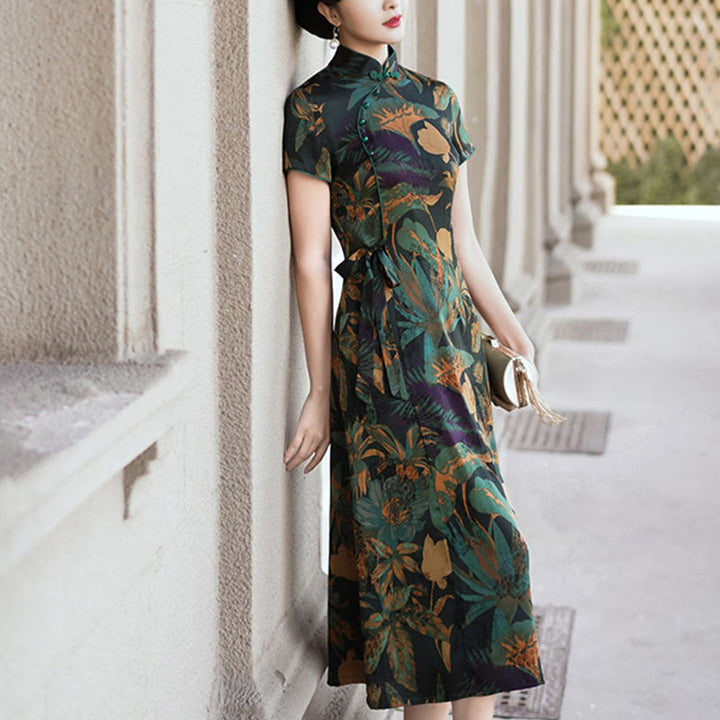 Suknia Qipao z Buddha Stones z jedwabiu w stylu retro z wzorem liści kwiatów i kwiatów, damska sukienka Cheongsam