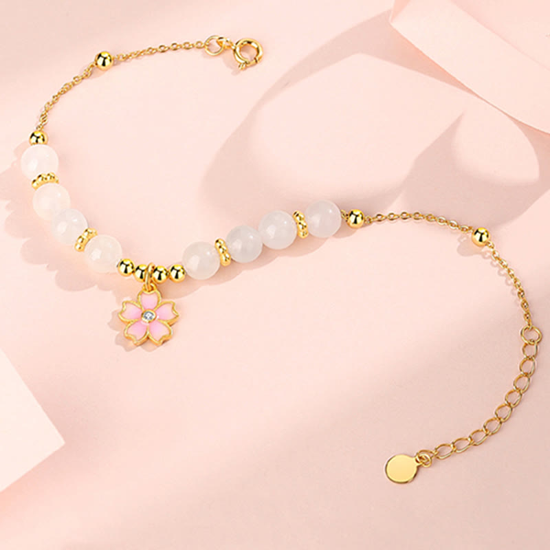 Bransoletka ochronna Buddha Stones 925 Sterling Silver Hetian White Jade Cherry Blossom