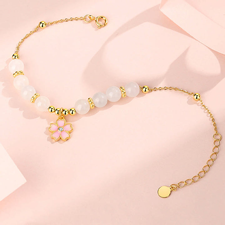 Bransoletka ochronna Buddha Stones 925 Sterling Silver Hetian White Jade Cherry Blossom