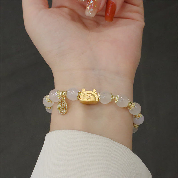 Buddha Stones Rok Smoka Czerwony Agat Kwarc Truskawkowy Czarny Obsydian Jadeit Granat Perła Cynober Pierożek Smok Szczęście Fu Bransoletka - image 9