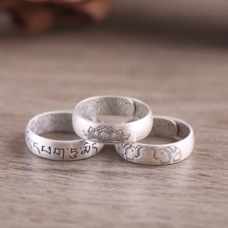 Buddha Stones 999 Srebro Sterlingowe Lotus Elephant Sześć Prawdziwych Słów Pierścień Błogosławieństwa