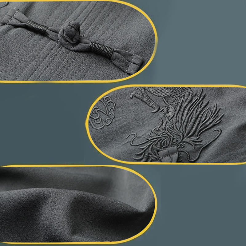 Buddha Stones Tang Suit Hanfu Chiński Smok Tradycyjny Kung Fu Jednolity Krótki Rękaw Topy i Spodnie Odzież Męska Zestaw - image 14