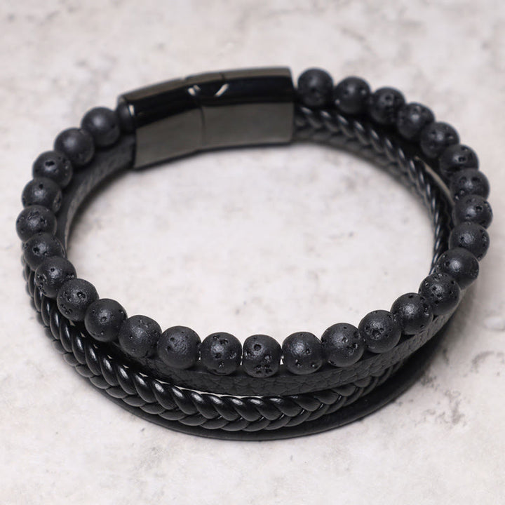Bransoletka skórzana z Buddha Stones Natural Lava Rock Black Onyx Bead