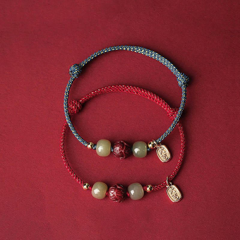 Buddha Stones 14K pozłacane Hetian Jade Cynober Lotos Szczęście Bransoletka Ręcznie Robiona z Linii - image 2