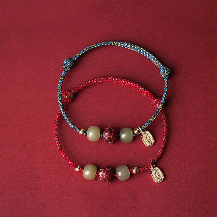 Buddha Stones 14K pozłacane Hetian Jade Cynober Lotos Szczęście Bransoletka Ręcznie Robiona z Linii - image 2