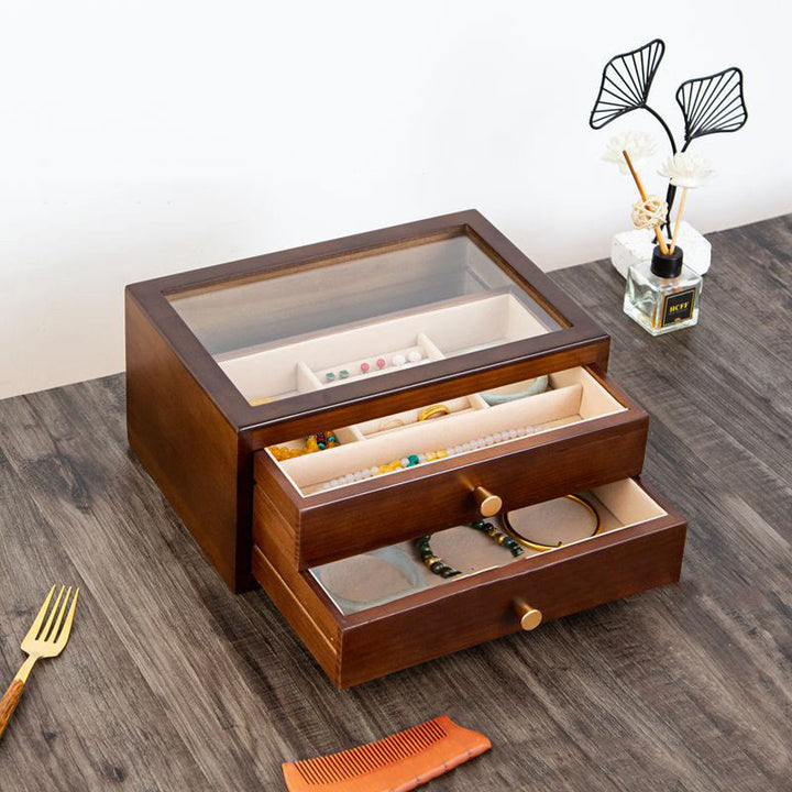 Buddha Stones Retro Solidne Drewniane Pudełko na Biżuterię Pudełko do Przechowywania Biżuterii Z Szufladą