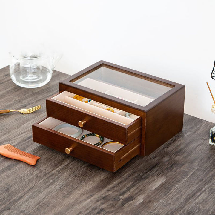 Buddha Stones Retro Solidne Drewniane Pudełko na Biżuterię Pudełko do Przechowywania Biżuterii Z Szufladą