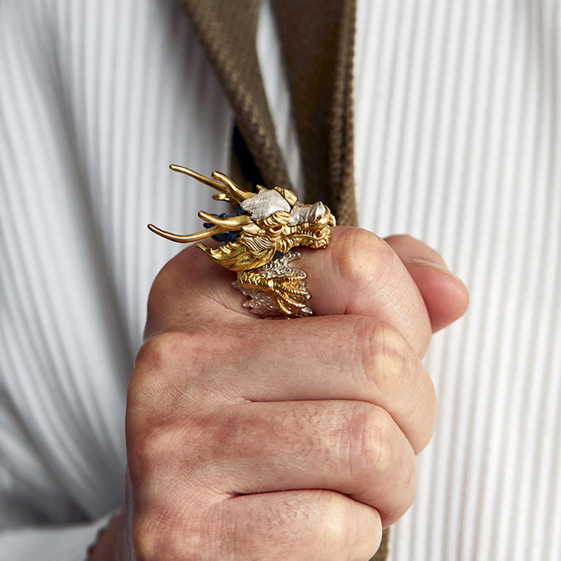 Buddha Stones 925 Srebro Sterling Smok Szczęście Sukces Ochrona Regulowany Pierścień Wisiorek