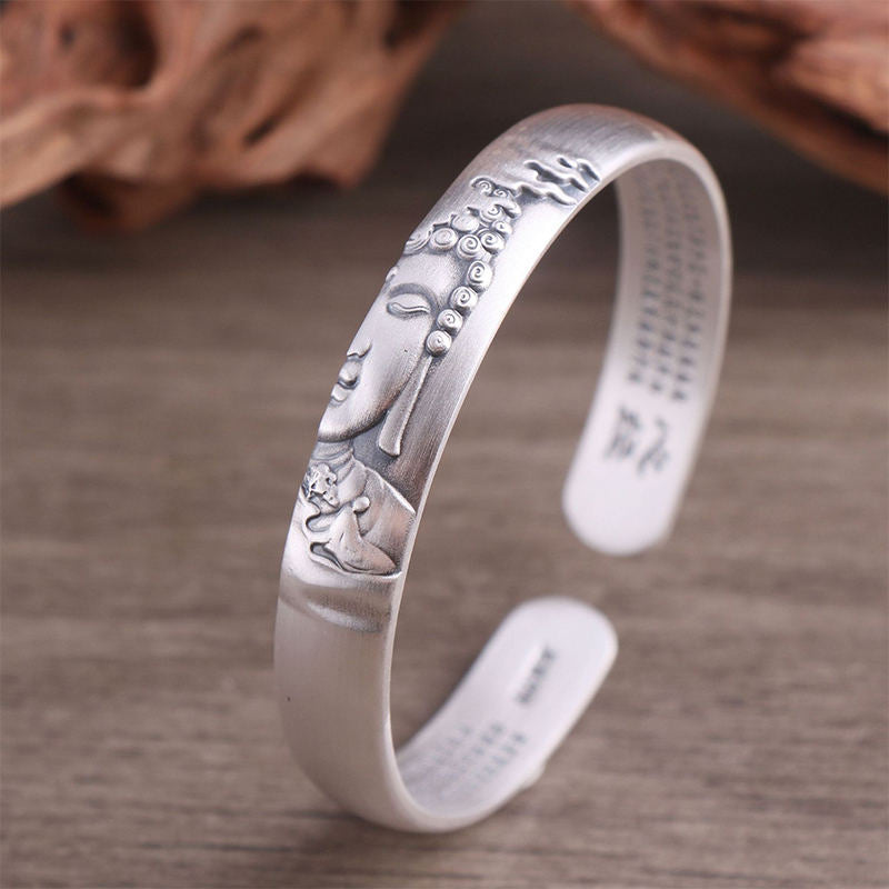 Buddha Stones 999 Srebro Sterling Głowa Buddy Serce Sutra Bransoletka Spokój