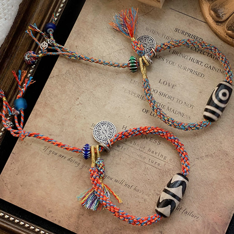 Bransoletka Om Mani Padme Hum z koralików Tybetańskich 925 Sterling Silver, ręcznie robiona Dzi Bead Protection Braid