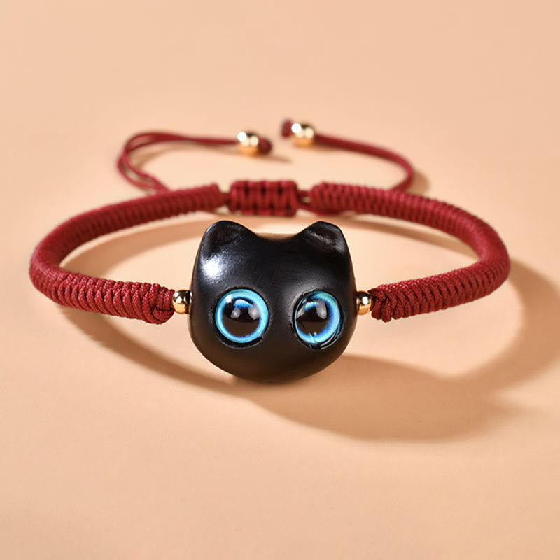 Buddha Stones Drewno Hebanowe Głowa Kota Wzór Pokoju King Kong Węzeł Bransoletka Pleciona - image 4