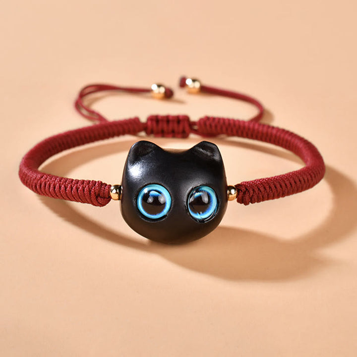 Buddha Stones Drewno Hebanowe Głowa Kota Wzór Pokoju King Kong Węzeł Bransoletka Pleciona - image 4