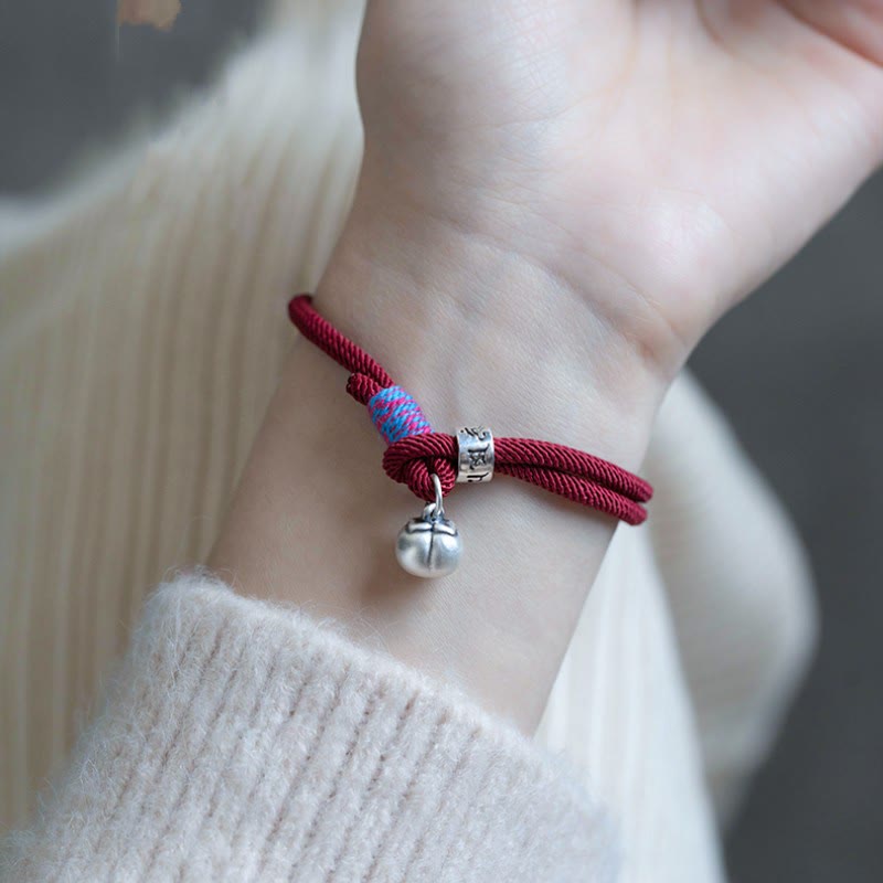 Buddha Stones 925 Srebro Sterling Tybetańskie Ręcznie Robione Om Mani Padme Hum Persimmon Charm Ochrona Szczęścia Bransoletka Pleciona