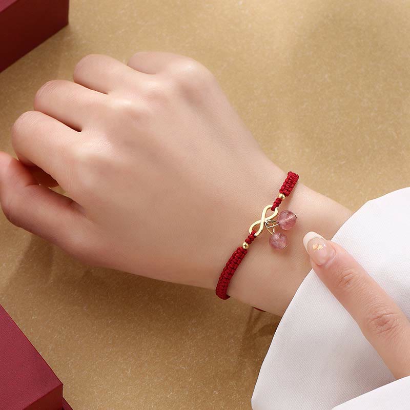 Buddha Stones , kryształ kwarcu truskawkowego, nieskończony węzeł, miłość, uzdrawiająca, czerwona bransoletka ze sznurka
