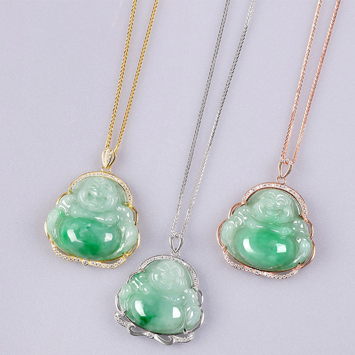 925 Srebrny naszyjnik z naturalnym jadeitem i śmiejącym się Buddą, łańcuszek z wisiorkiem - image 10