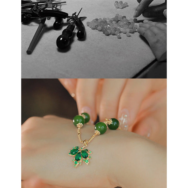 Bransoletka Buddha Stones 14k Gold Plated Green Chalcedon Maple Leaf Courage Strength