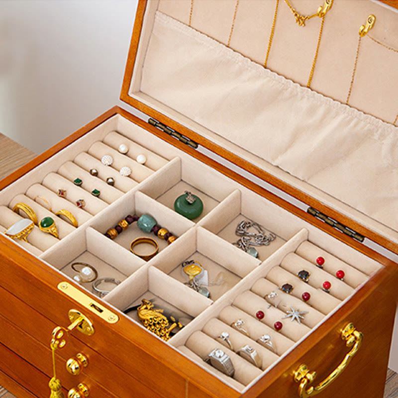 Pudełko na biżuterię z litego drewna w stylu retro z Buddha Stones, czterowarstwowe, drewniane pudełko do przechowywania biżuterii