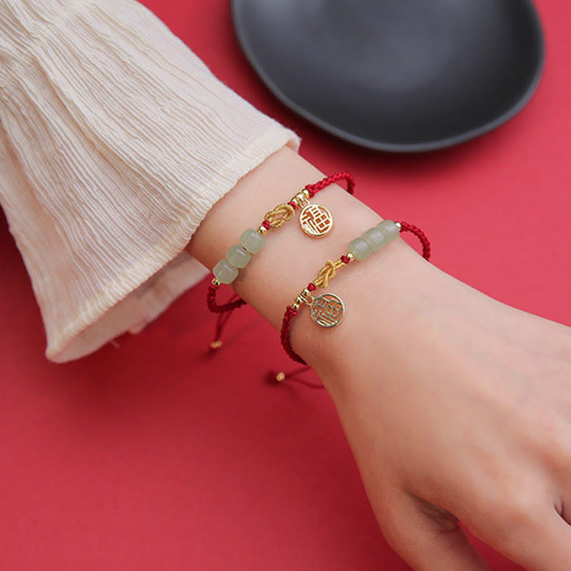Buddha Stones ręcznie robione koraliki z jadeitu Fu Character Charm bransoletka z czerwoną liną