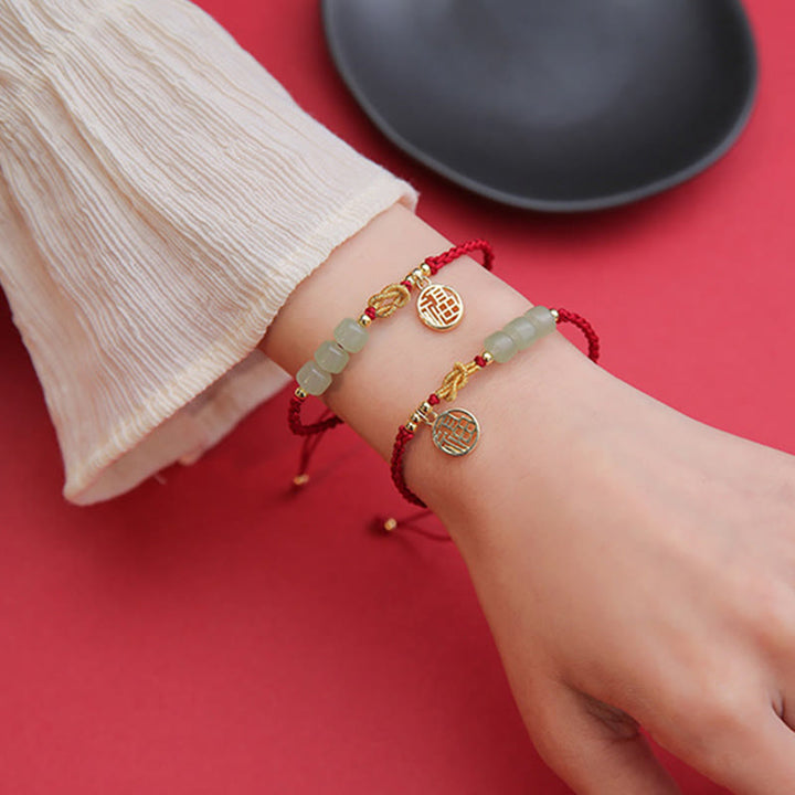 Buddha Stones ręcznie robione koraliki z jadeitu Fu Character Charm bransoletka z czerwoną liną