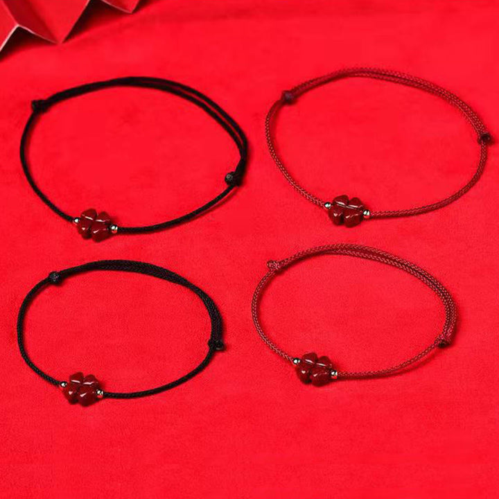 Buddha Stones Naturalny Cynober Czterolistna Koniczyna Błogosławieństwo Czerwona Bransoletka Sznurkowa