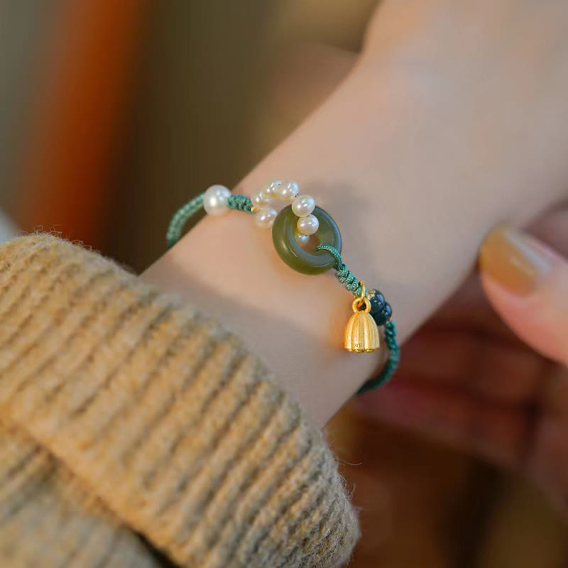 Buddha Stones Naturalny Jadeit Hetian Klamra Pokoju Perła Szczęścia Ręcznie Robiona Bransoletka Pleciona