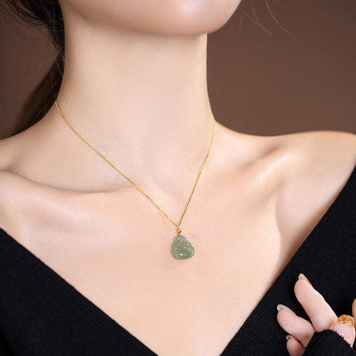 Buddha Stones 925 Srebro Sterling Naturalny Hetian Jade Cyan Jade Szczęście Śmiejący się Budda Motyl Naszyjnik Wisiorek - image 3