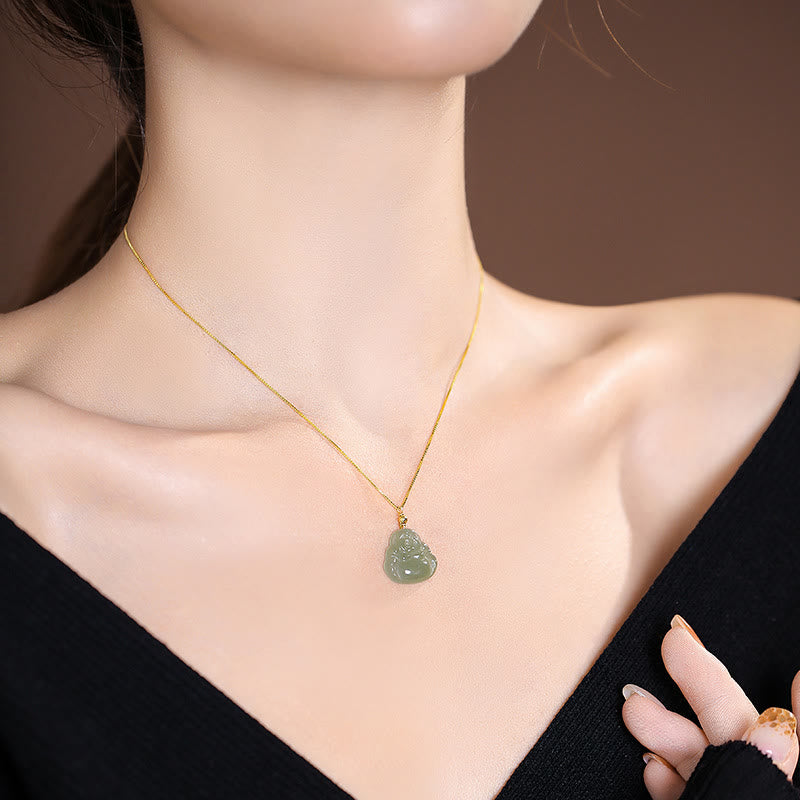 Buddha Stones 925 Srebro Sterling Naturalny Hetian Jade Cyan Jade Szczęście Śmiejący się Budda Motyl Naszyjnik Wisiorek - image 3