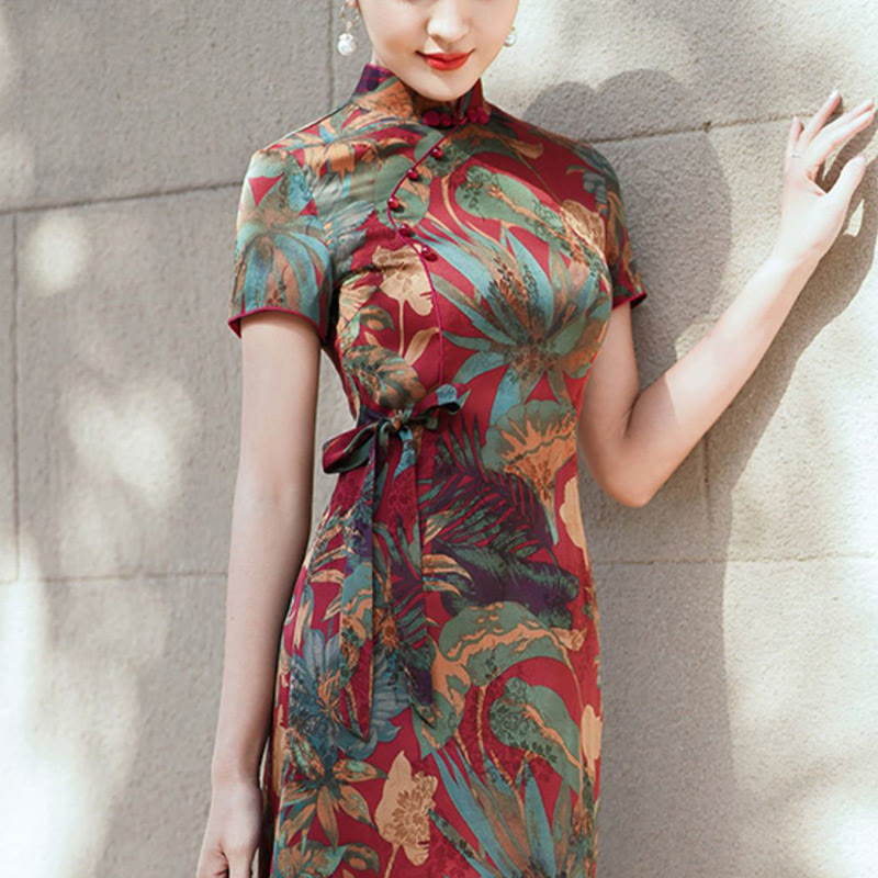 Suknia Qipao z Buddha Stones z jedwabiu w stylu retro z wzorem liści kwiatów i kwiatów, damska sukienka Cheongsam