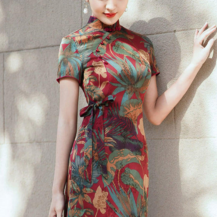 Suknia Qipao z Buddha Stones z jedwabiu w stylu retro z wzorem liści kwiatów i kwiatów, damska sukienka Cheongsam