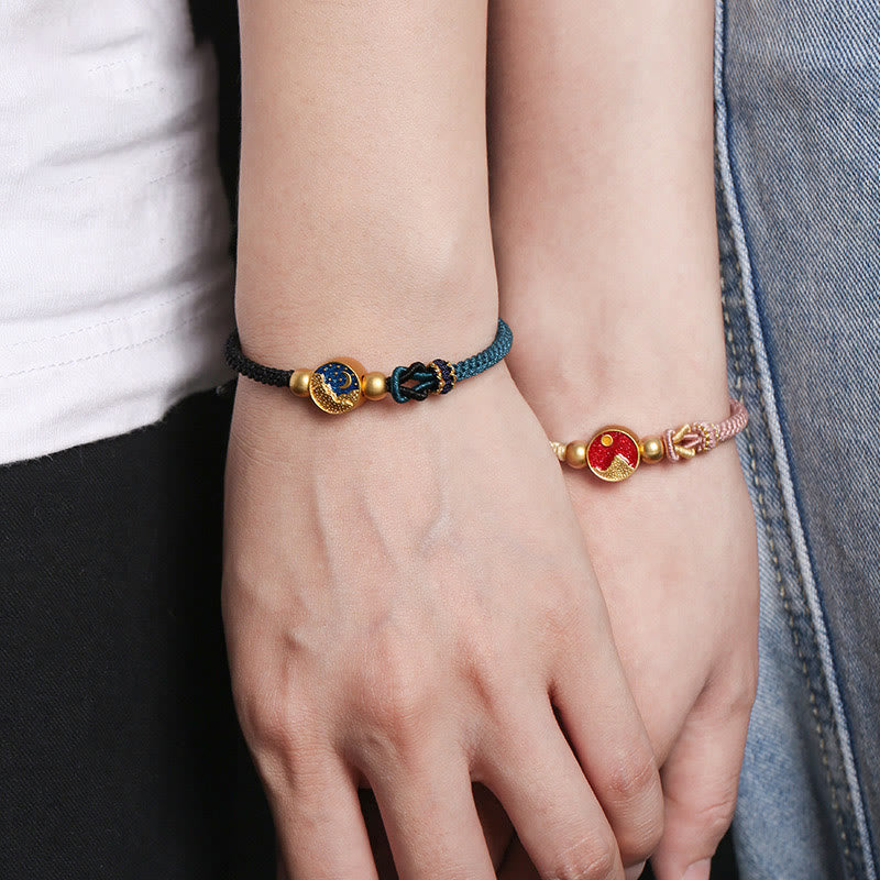 Bransoletka dla pary z ręcznie robionych Buddha Stones z motywem gór i morza, z wygrawerowanym szczęściem, dwukolorowa