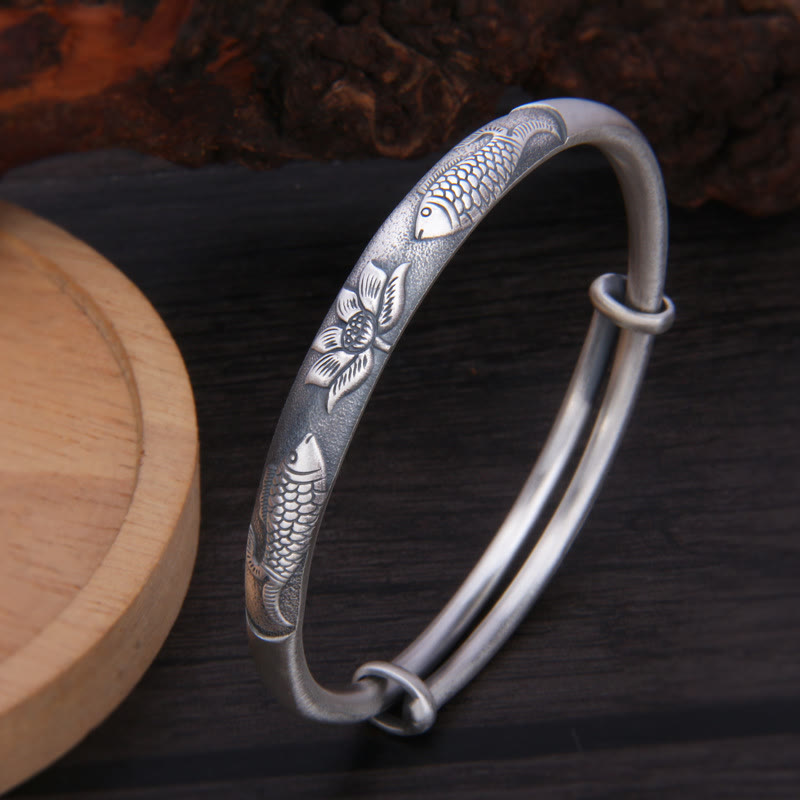 Buddha Stones 999 Srebro Sterling Ryba Koi Lotos Bogactwo Szczęście Bransoletka Bangle