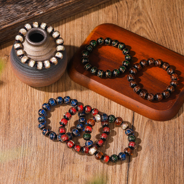 Buddha Stones Tybetańskie Klasyczne Liuli Szklane Koraliki Szczęście Bogactwo Bransoletka