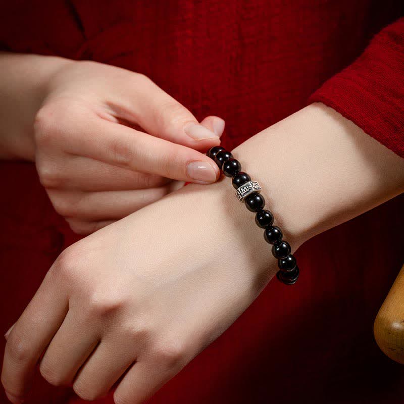 Chiński zodiak Natal Buddha 925 Srebro Sterling Czarny Obsydian Moonstone Bransoletka Siła