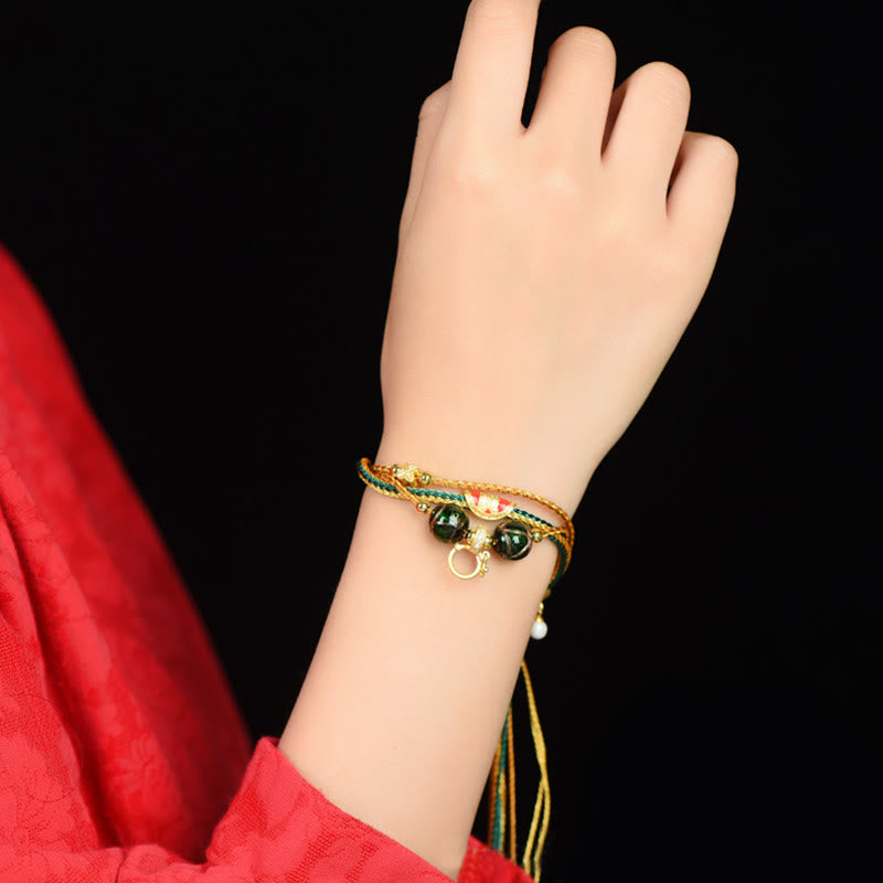 Buddha Stones Tybetańskie Ręcznie Robione Liny Liuli Szklane Koraliki Pleciona Wielowarstwowa Bransoletka Uzdrawiająca