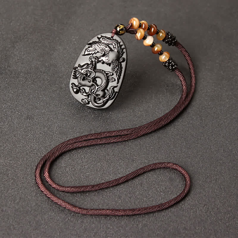 Czarny obsydianowy naszyjnik z koralikami w kształcie tygrysiego oka i smoka feniksa - Sznur koralików obsydianowo-agatowych - image 4