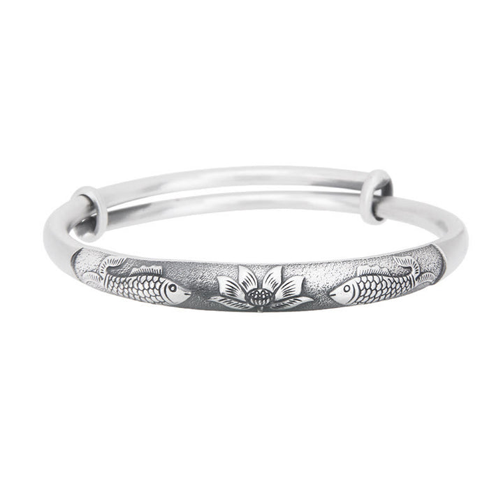 Buddha Stones 999 Srebro Sterling Ryba Koi Lotos Bogactwo Szczęście Bransoletka Bangle