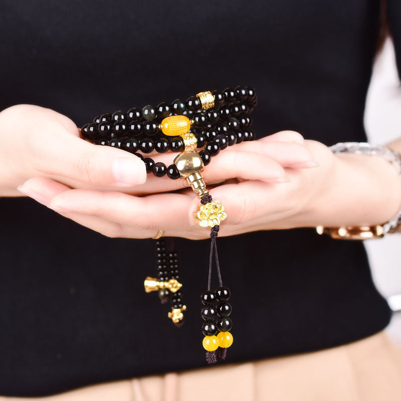 Buddha Stones 108 Koralików Naturalny Czarny Obsydian Lotus Spełnienie Mala Bransoletka