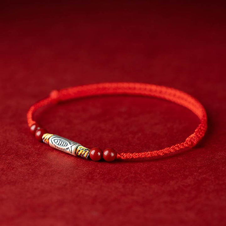 Buddha Stones 925 Srebro Sterling Ryba Koi Koralik Cynober Bogactwo Ręcznie Robiona Bransoletka Pleciona Bransoletka na Nogę