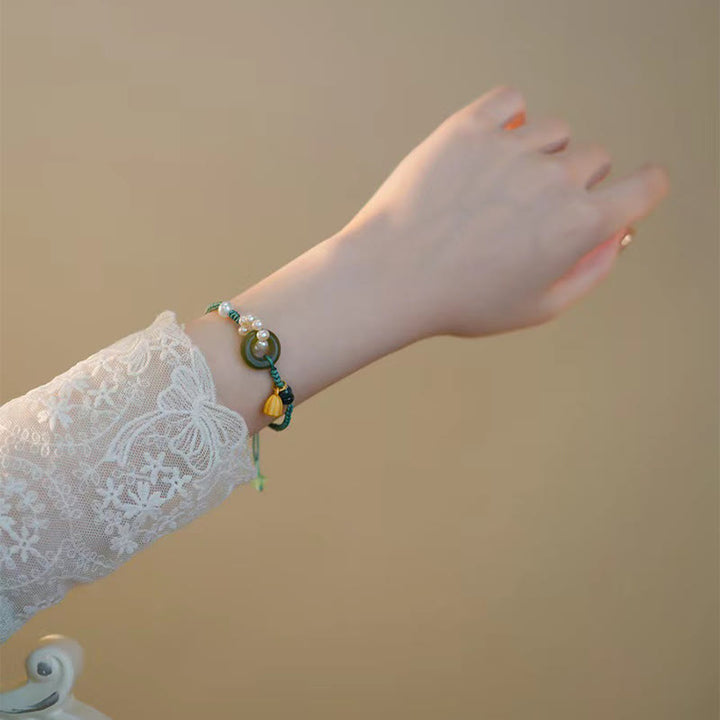 Buddha Stones Naturalny Jadeit Hetian Klamra Pokoju Perła Szczęścia Ręcznie Robiona Bransoletka Pleciona