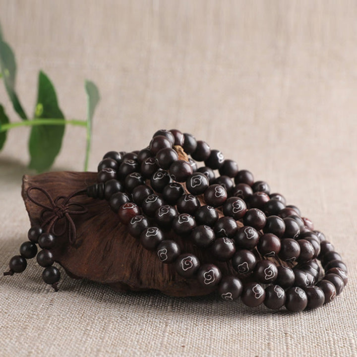 Buddha Stones 925 Srebro Inkrustowane Małymi Liśćmi Czerwonego Sandału Om Mani Padme Hum Charakter Pomyślne Chmury Bransoletka Ochronna