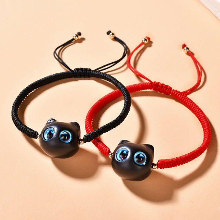 Buddha Stones Drewno Hebanowe Głowa Kota Wzór Pokoju King Kong Węzeł Bransoletka Pleciona - image 3