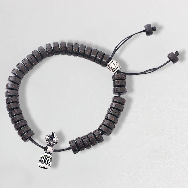 Buddha Stones Tybet Skorupa Kokosa Rzeźbione Om Mani Padme Hum Dorje Wadżra Dzwonek Sznurek Szczęścia Bransoletka