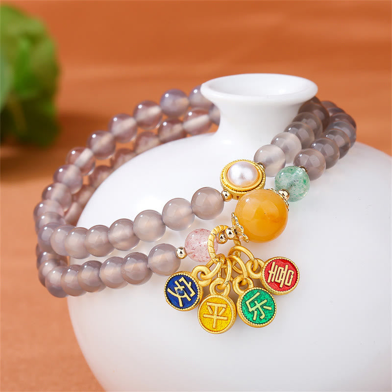 Bransoletka Buddha Stones Natural Grey Agat Peace And Joy Charm Balance Double Wrap